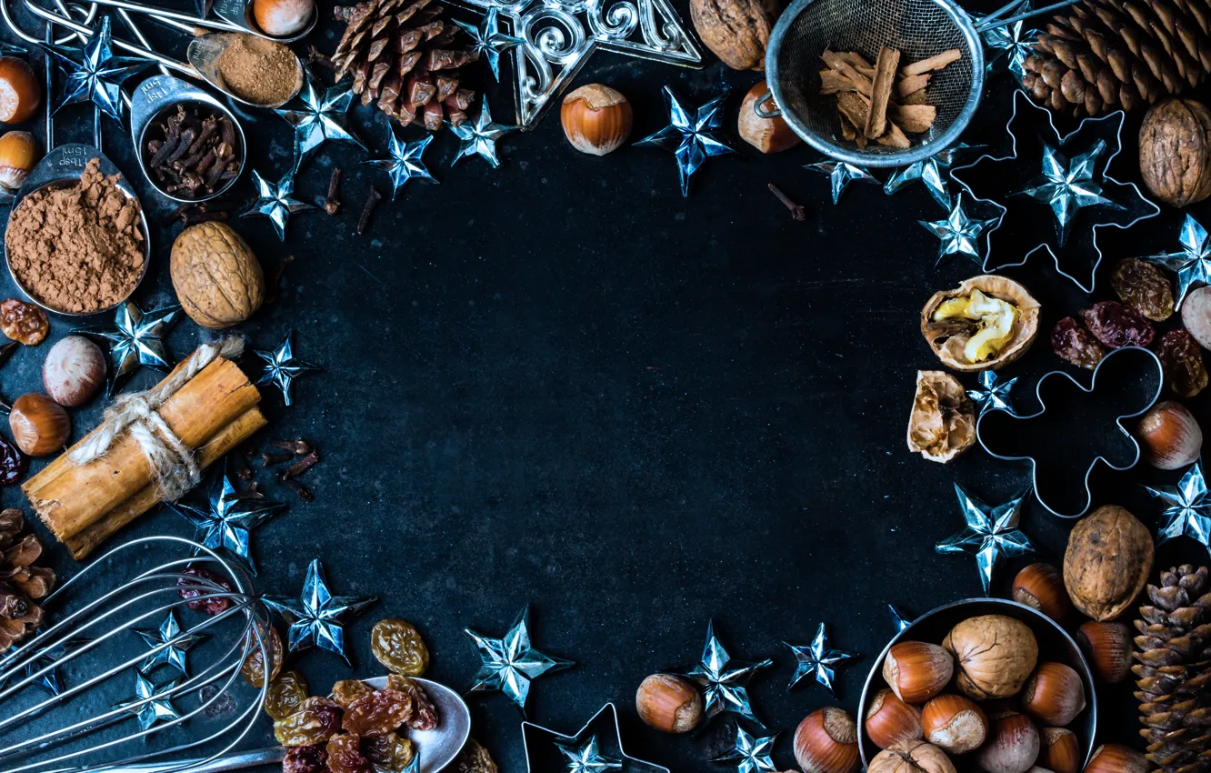 Фото обои украшения, Новый Год, Рождество, орехи, happy, Christmas, шишки, New Year