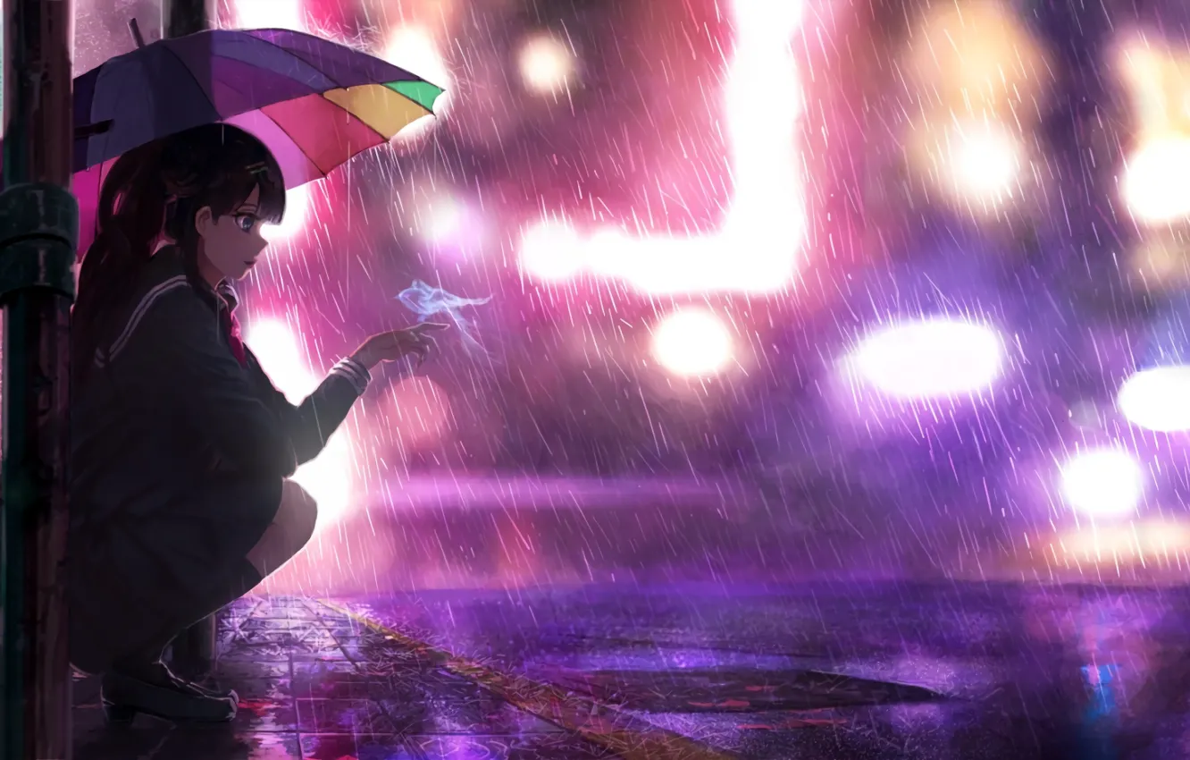 Фото обои зонтик, дождь, Школьница, неоновые огни, school girl