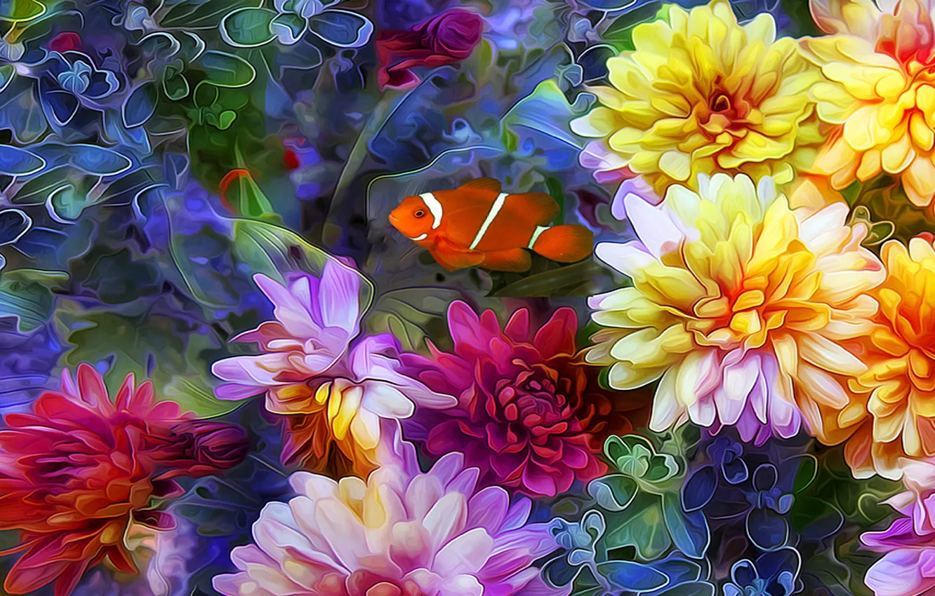 Фото обои линии, цветы, коллаж, рыбка, лепестки