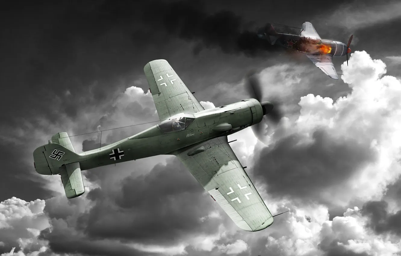 Фото обои небо, облака, самолет, война, истребитель, war thunder, Fw-190D