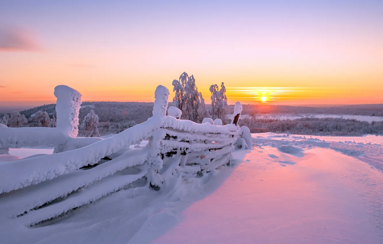 Фото обои зима, пейзаж, закат, забор