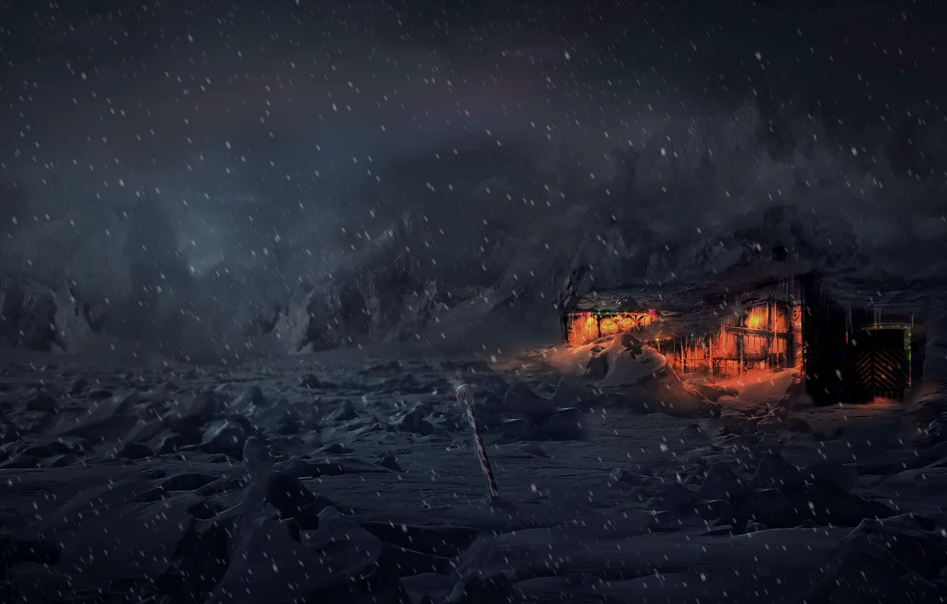Фото обои зима, снег, ночь, дом, тундра, Concept Art, Computer Graphics, Animation