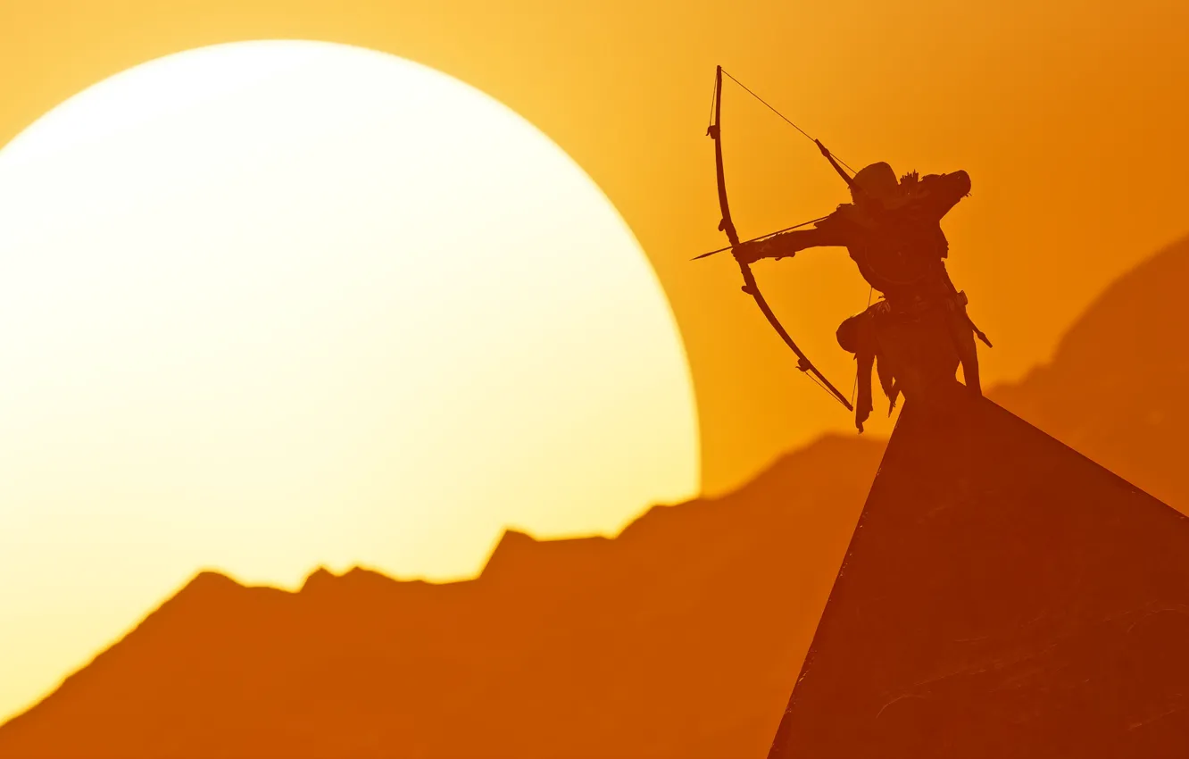 Фото обои солнце, лук, пирамиды, лучник, Ubisoft Montreal, Action-adventure, Assassin's Creed Origins