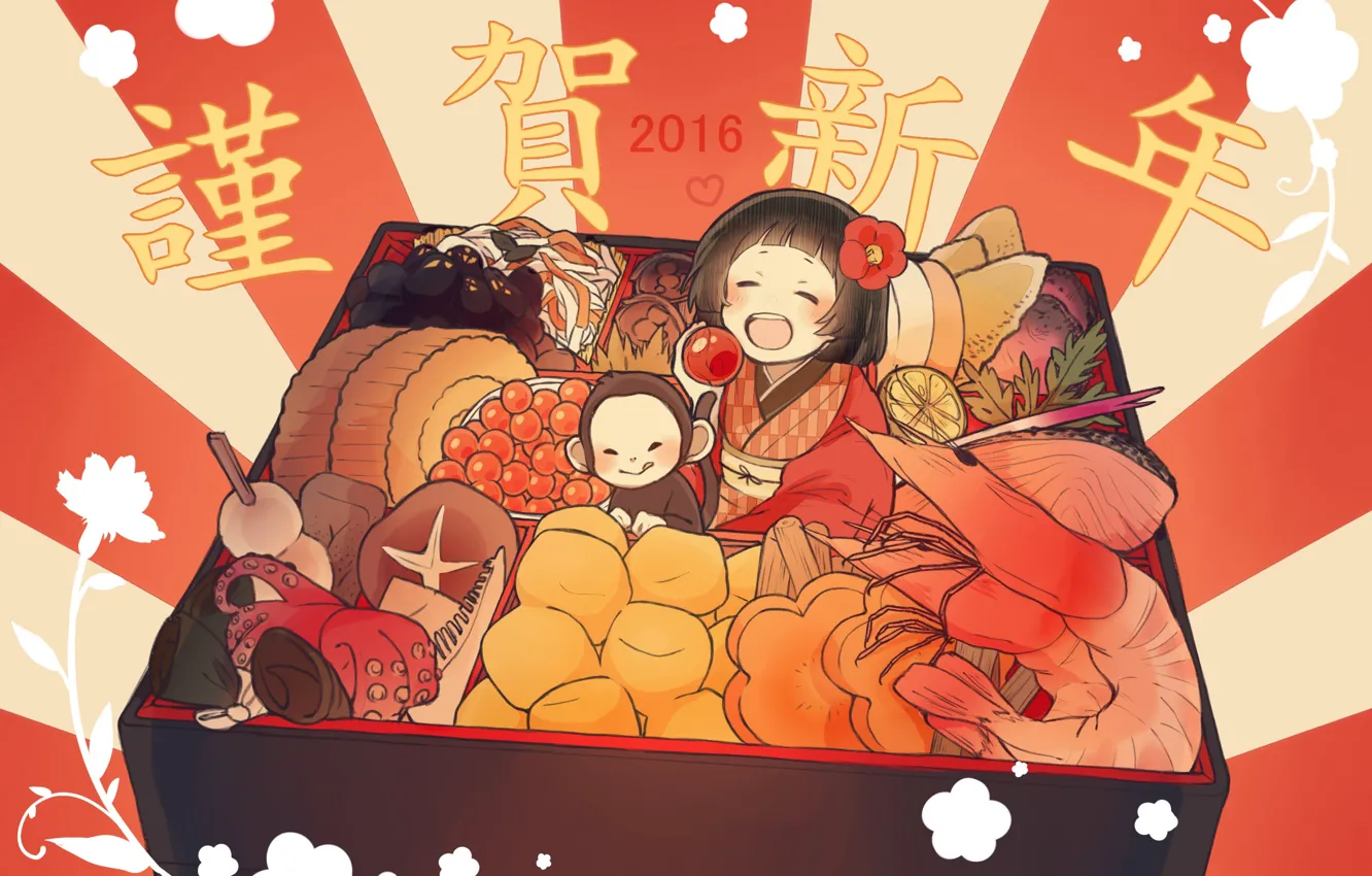 Фото обои еда, обезьяна, девочка, Новый год, 2016, коробочка с бенто