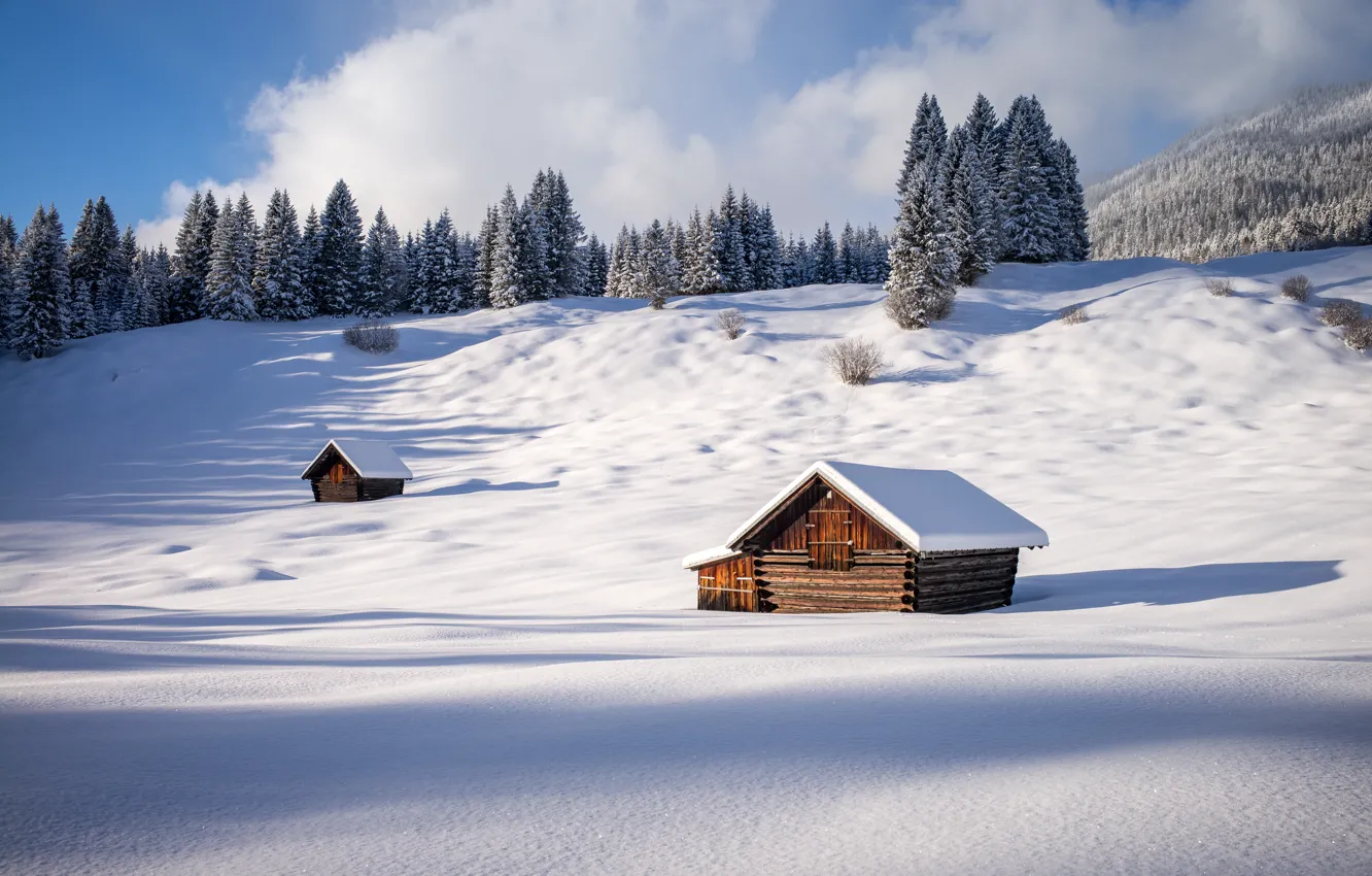Фото обои зима, лес, снег, Германия, Germany, Bavaria, сарайчики, Gerold