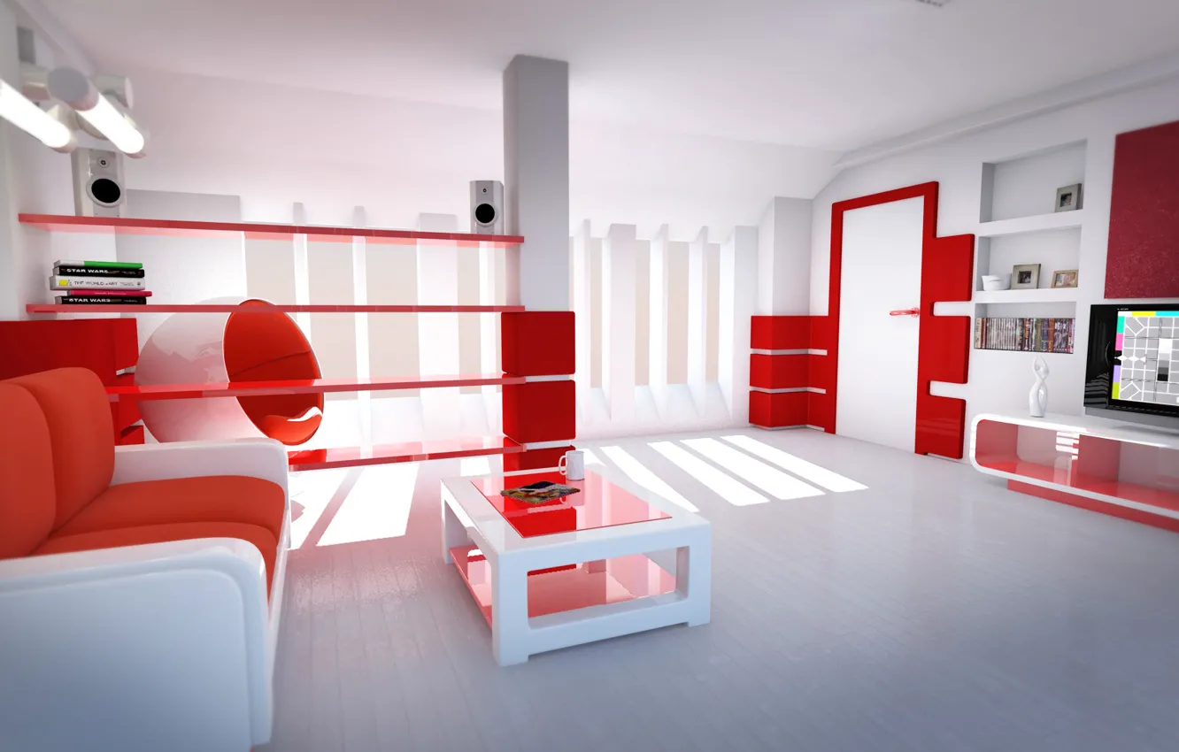 Фото обои стиль, Комната, красные тона, светлая комната