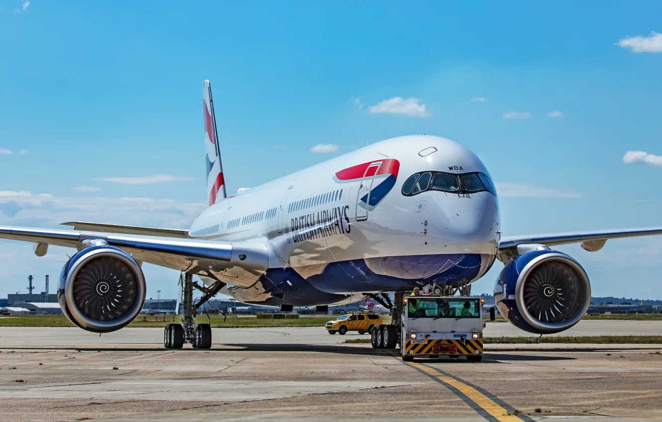 Фото обои Самолет, Лайнер, Airbus, British Airways, Airbus A350-900, Шасси, Пассажирский самолёт, Airbus A350 XWB