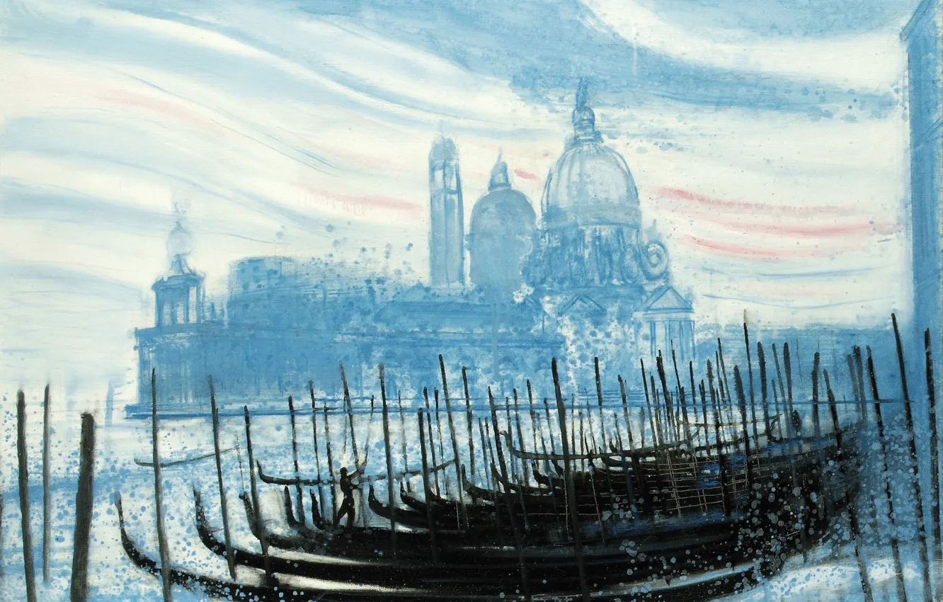 Фото обои картина, лодки, Венеция, собор, гондола, городской пейзаж, Andre Brasilier