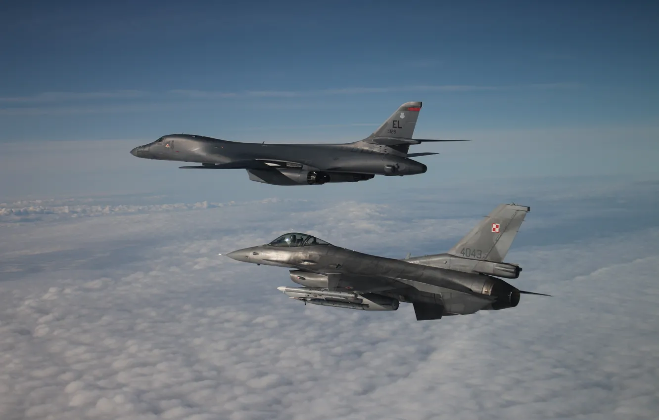 Фото обои Lancer, B-1B, ВВС США, Rockwell, General Dynamics F-16 Fighting Falcon, стратегический бомбардировщик, с крылом изменяемой …