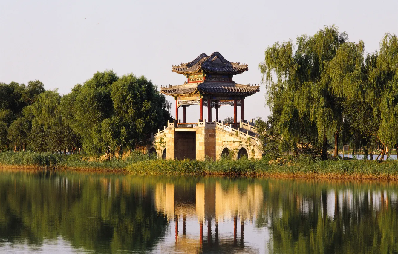 Фото обои мост, природа, озеро, отражение, башня, Palace Beijing