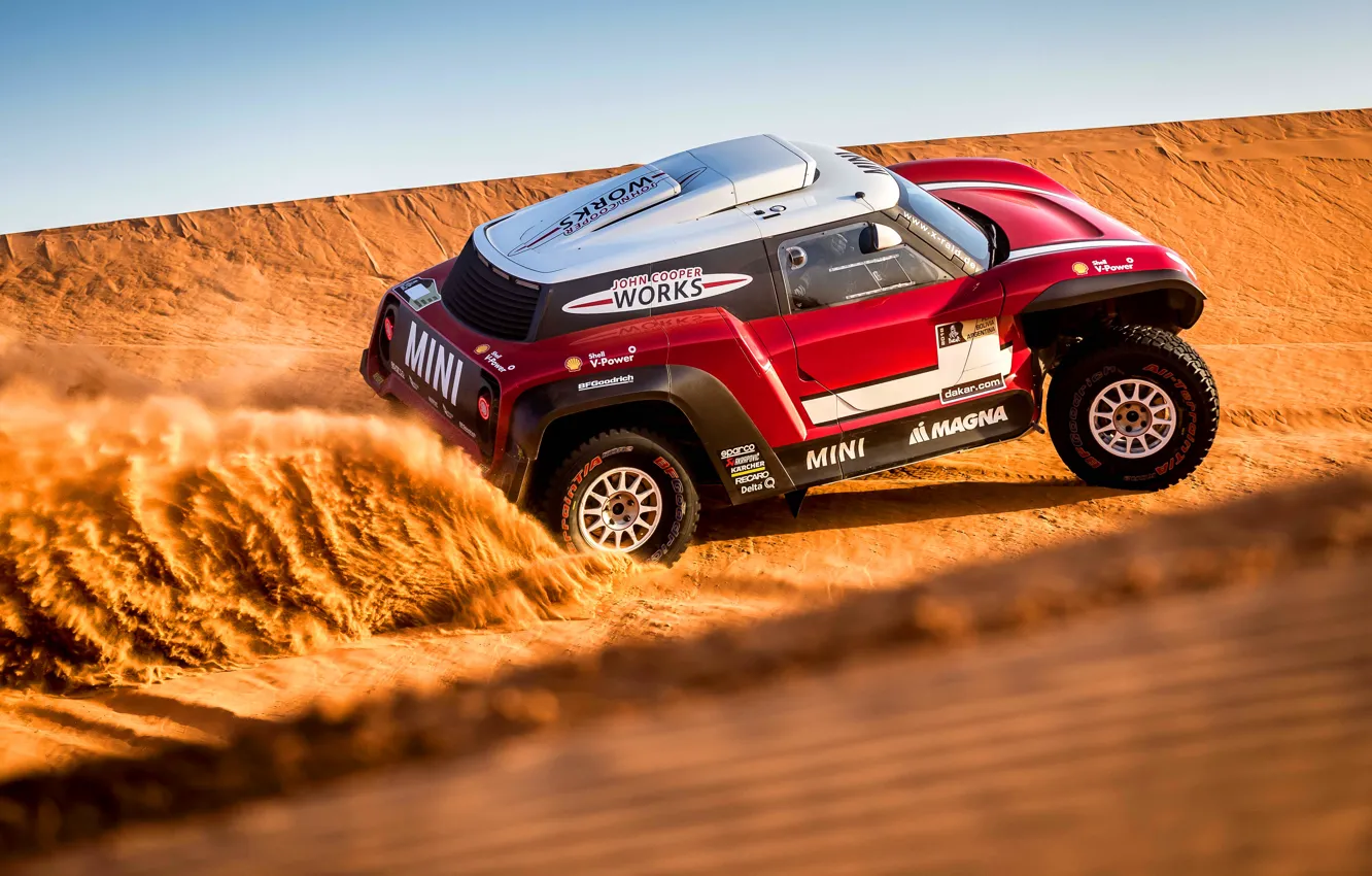 Фото обои Песок, Mini, Спорт, Пустыня, Машина, Скорость, Rally, Dakar