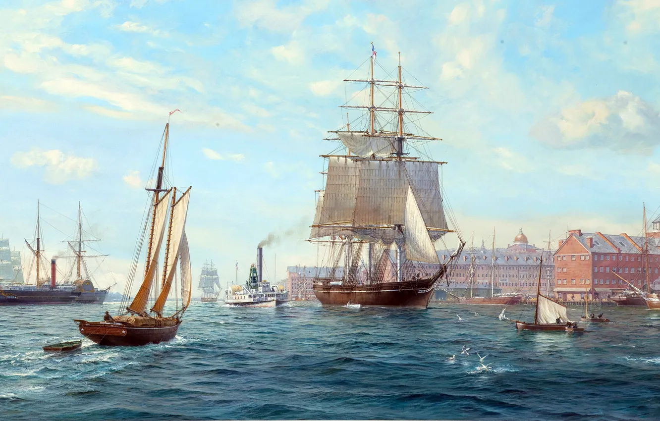Фото обои рисунок, корабли, арт, живопись, парусники, roy cross