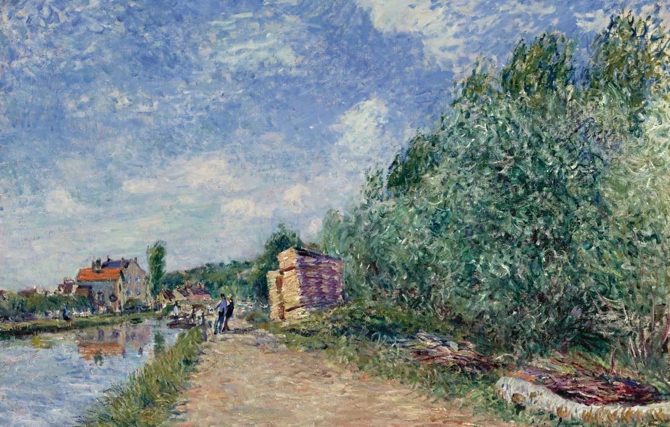 Фото обои пейзаж, дом, река, картина, Alfred Sisley, Альфред Сислей, The Loing Channel. Tow-Path