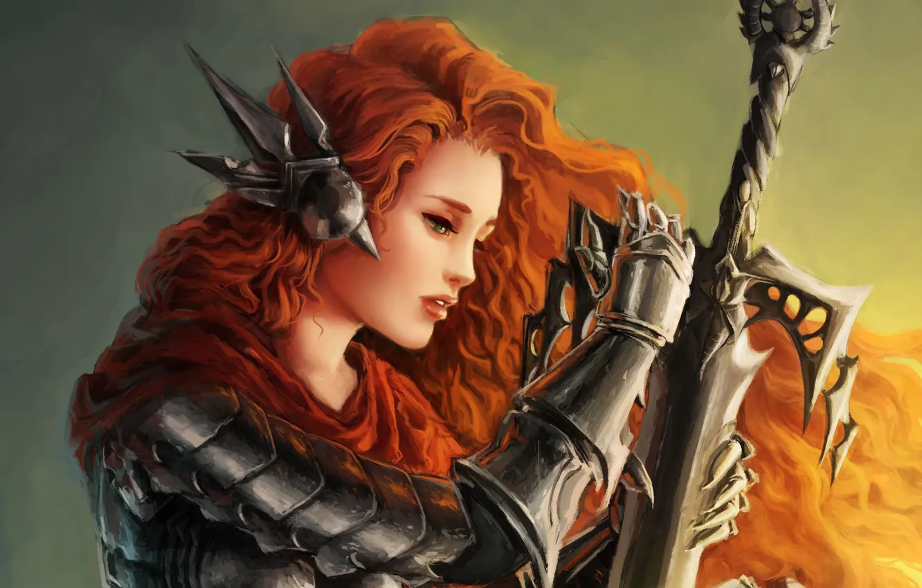 Фото обои девушка, меч, арт, профиль, рыжая, доспех