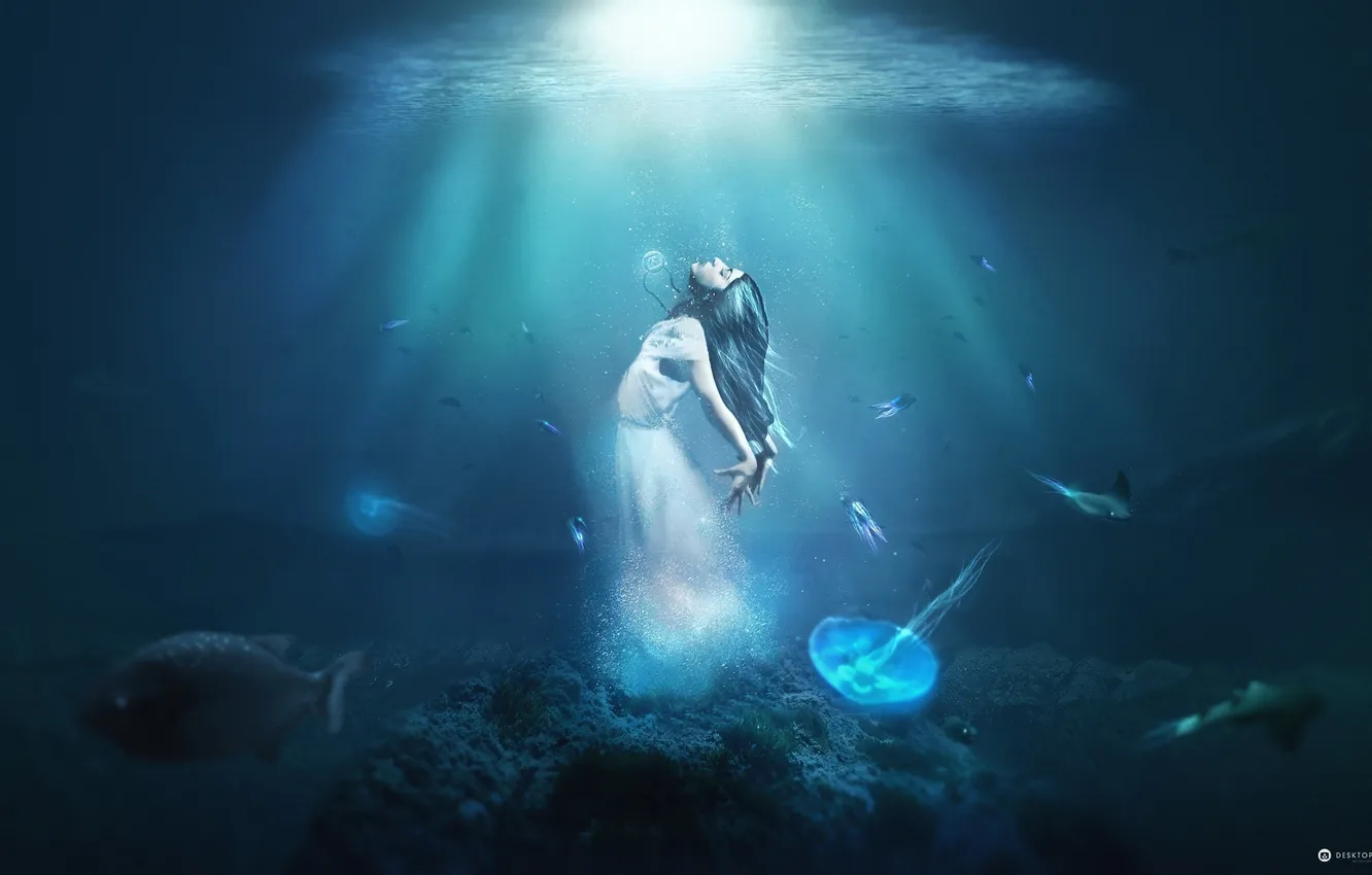 Фото обои вода, девушка, свет, рыбы, креатив, медузы, desktopography