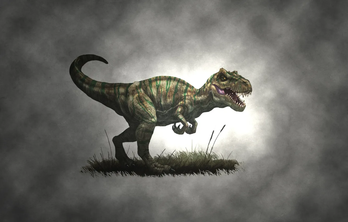 Фото обои трава, туманность, динозавр, хищник, dinosaur, зелный