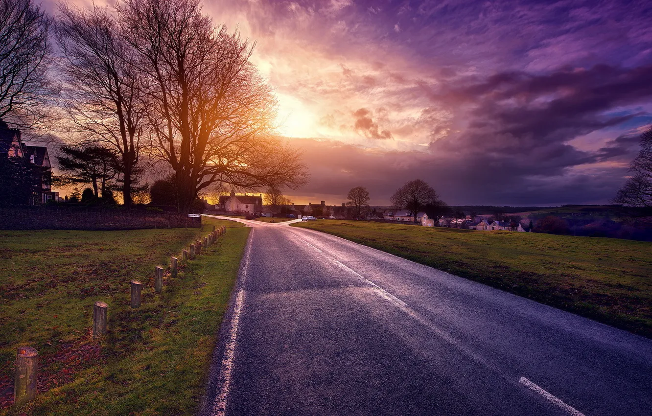Фото обои дорога, пейзаж, закат