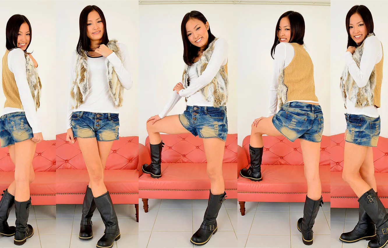Фото обои Beautiful, Asian, Model, Smile, Denim, Woman, Sofa, Cute