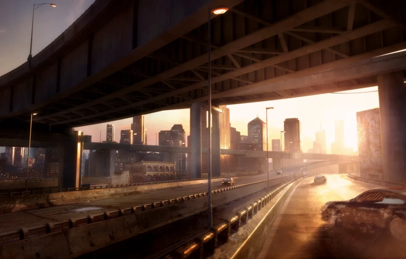 Фото обои небо, солнце, свет, машины, мост, city, город, фантастика