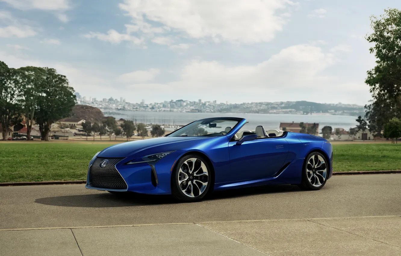 Фото обои синий, газон, Lexus, кабриолет, 2021, LC 500 Convertible