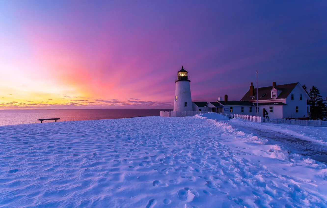 Фото обои зима, небо, снег, закат, следы, берег, маяк, Англия