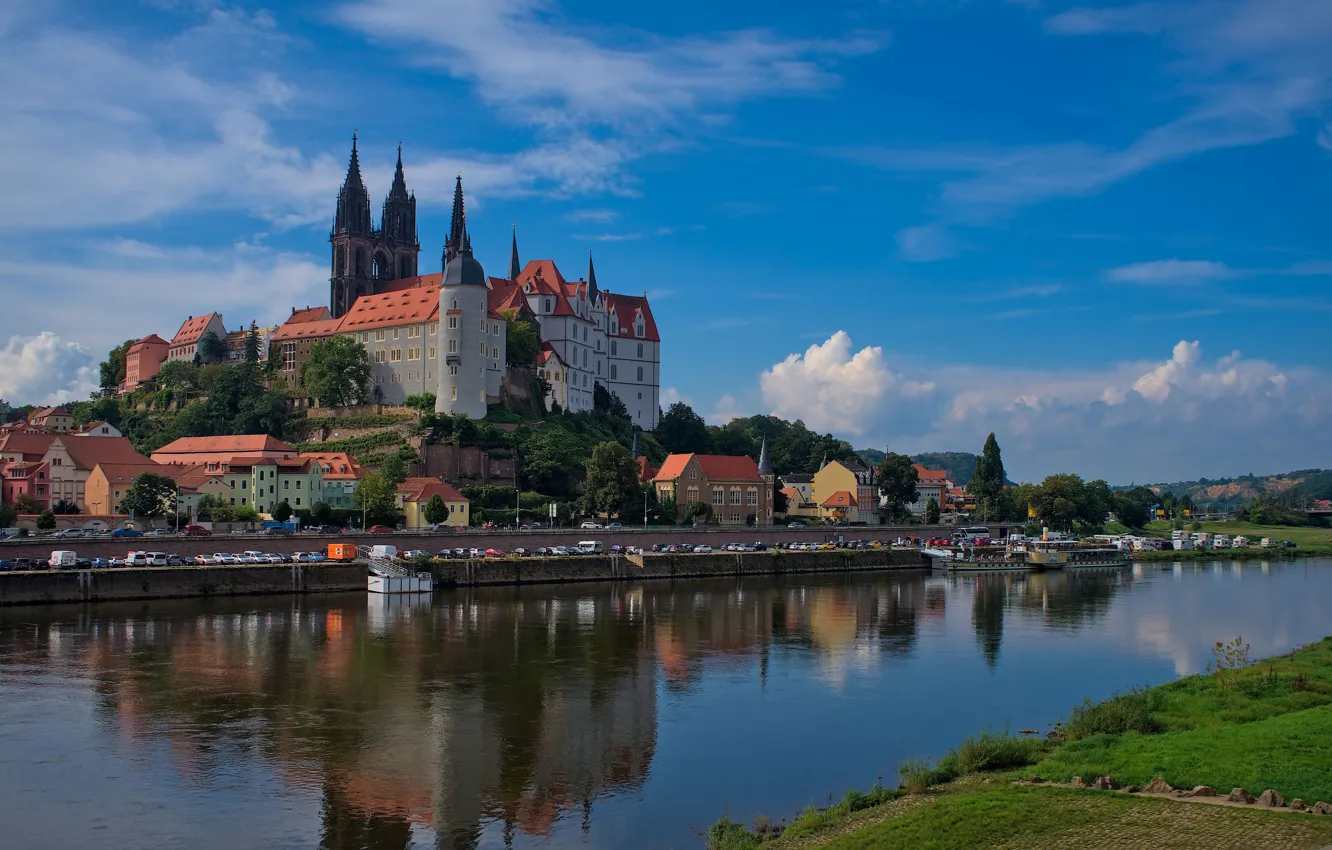 Фото обои река, замок, здания, дома, Германия, набережная, Germany, Саксония