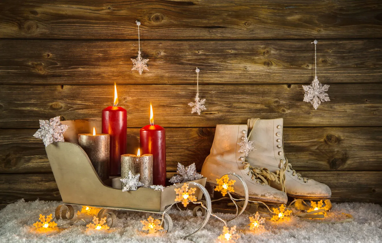 Фото обои украшения, свечи, Новый Год, Рождество, Christmas, vintage, New Year, коньки