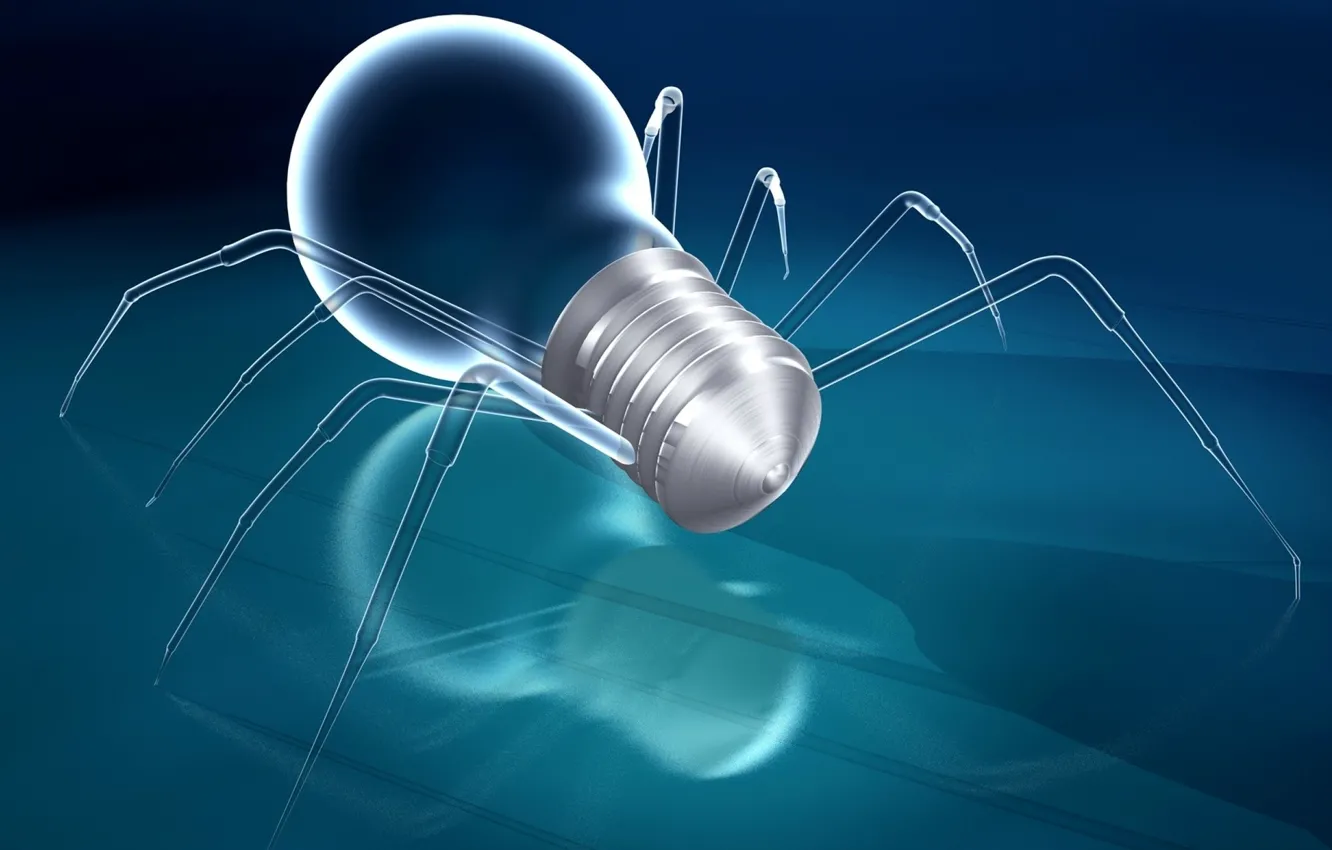 Фото обои лампочка, отражение, рендеринг, паук