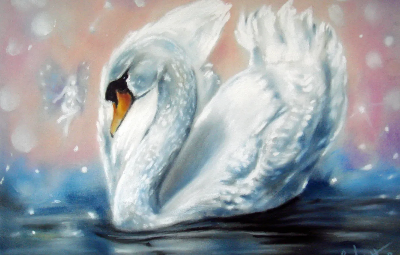 Фото обои белый, вода, крылья, фея, лебедь, живопись
