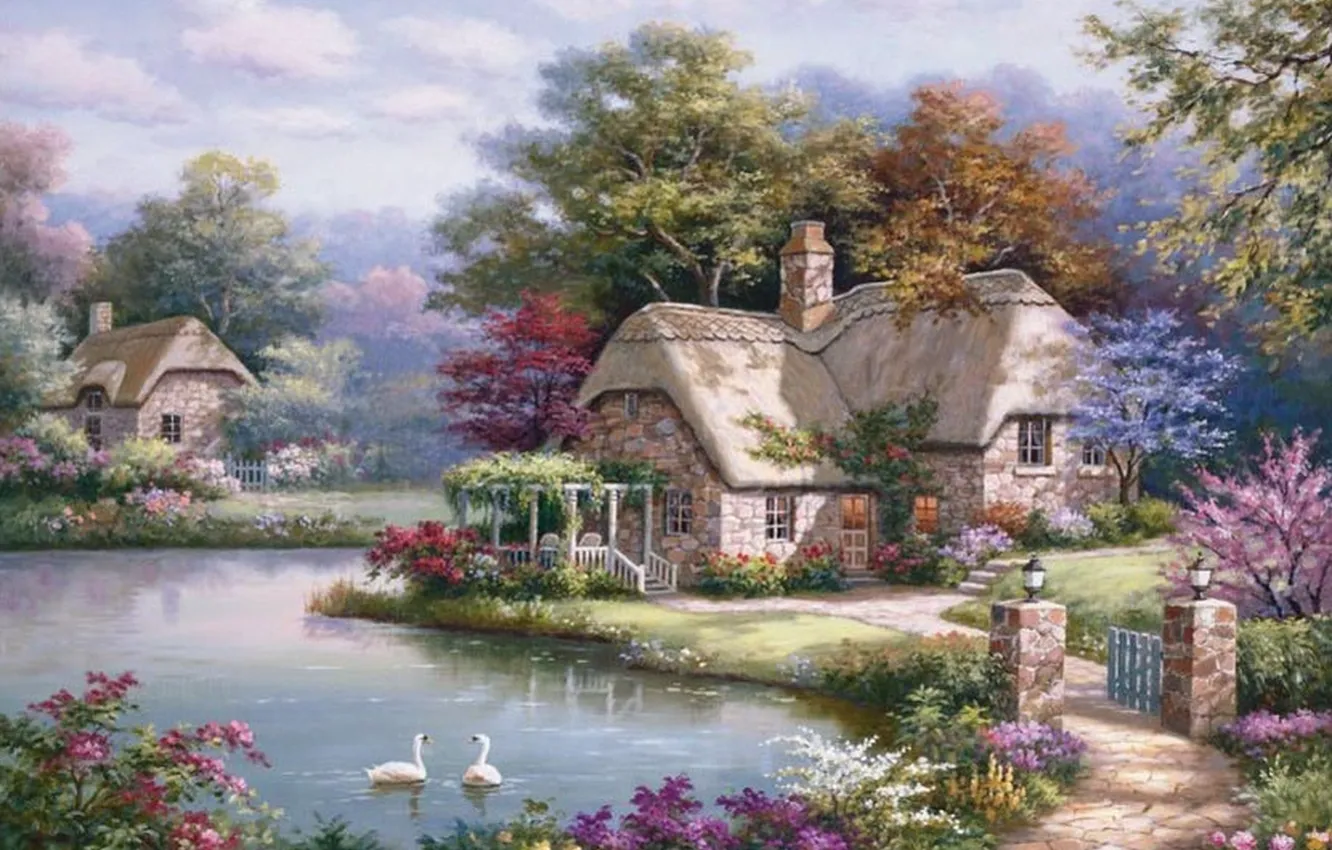 Фото обои река, дома, картина, живопись, лебеди, painting, Sung Kim