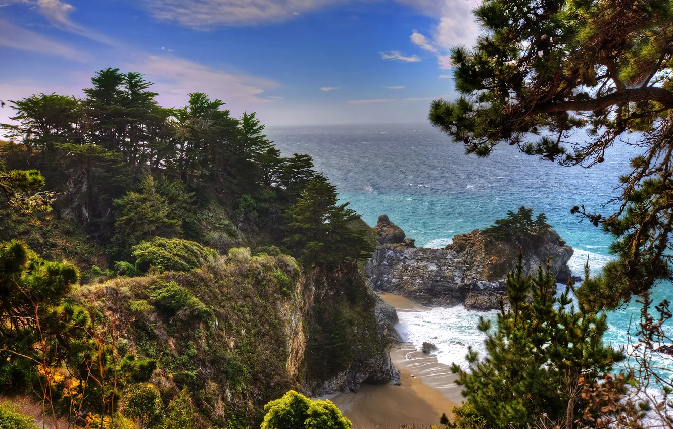 Фото обои пляж, деревья, обрыв, океан, скалы, водопад