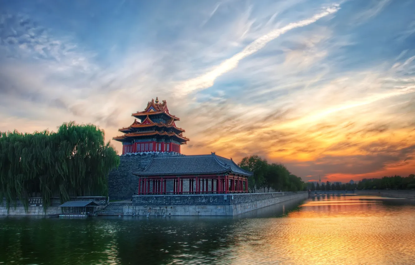 Фото обои закат, китай, здание, пекин