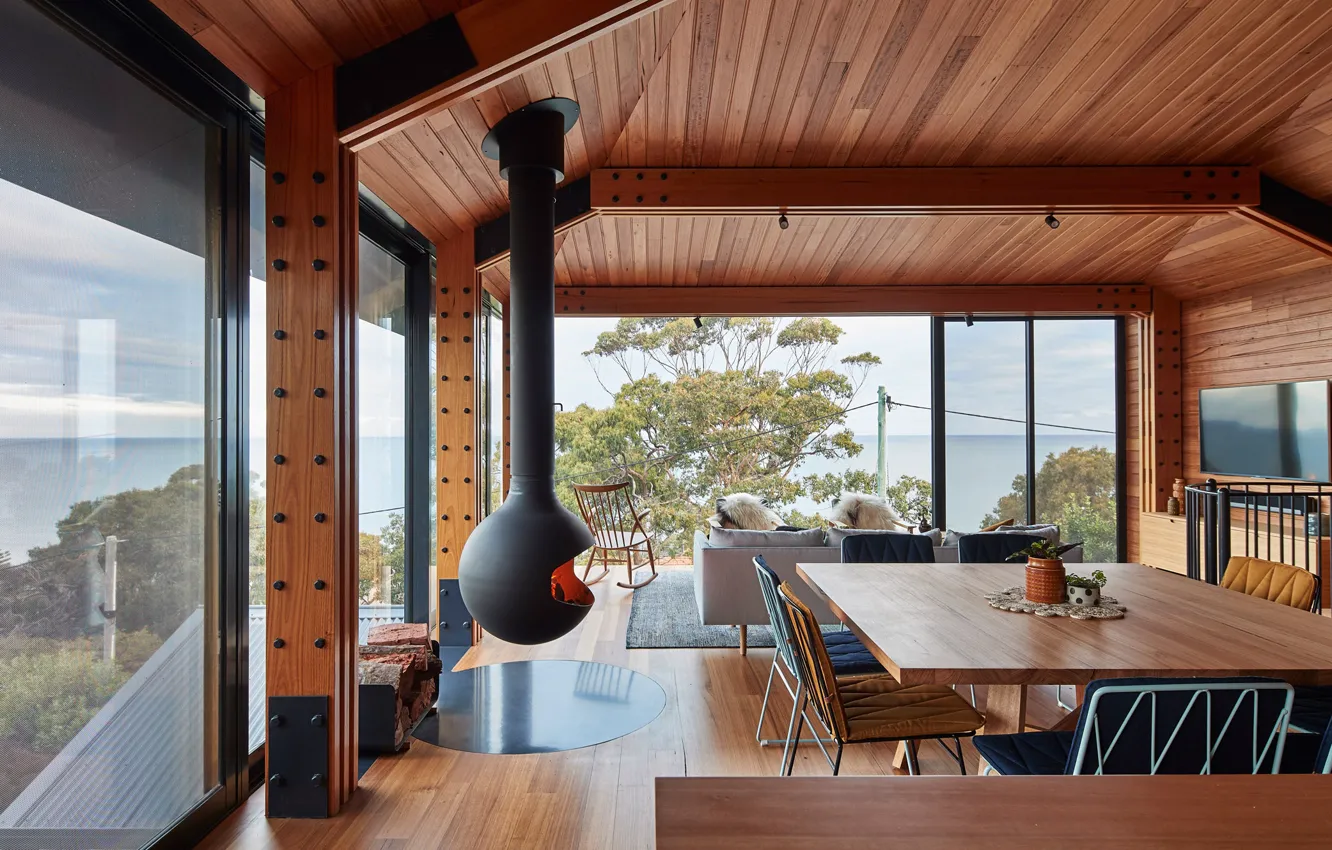 Фото обои дизайн, стиль, интерьер, Австралия, камин, гостиная, столовая, Australian beach shack