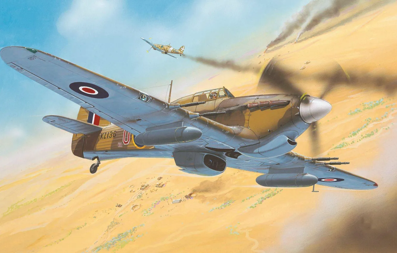 Фото обои война, пустыня, рисунок, истребитель, арт, Hawker, Hurricane Mk II