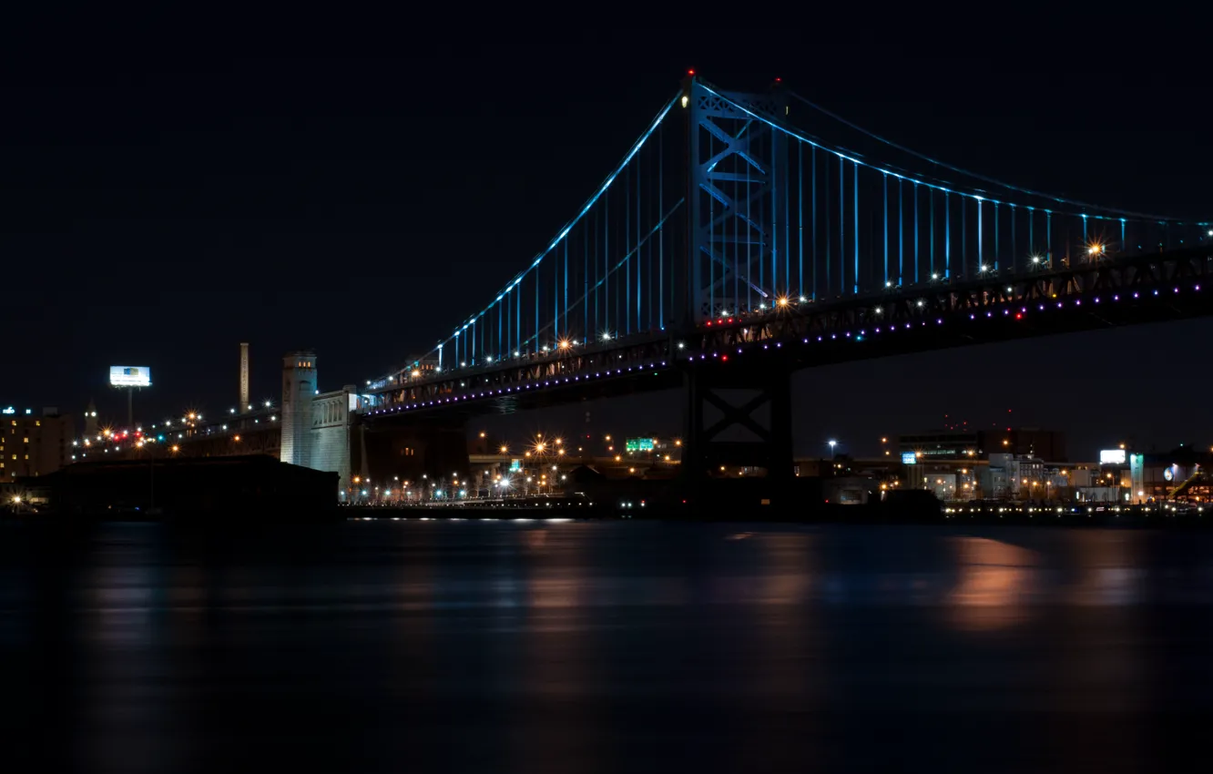 Фото обои ночь, мост, city, река, здания, USA, США, Филадельфия