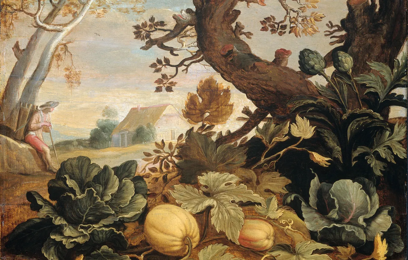 Фото обои масло, картина, Абрахам Блумарт, Abraham Bloemaert, Пейзаж с Овощами и Фруктами на Переднем Плане, 1651