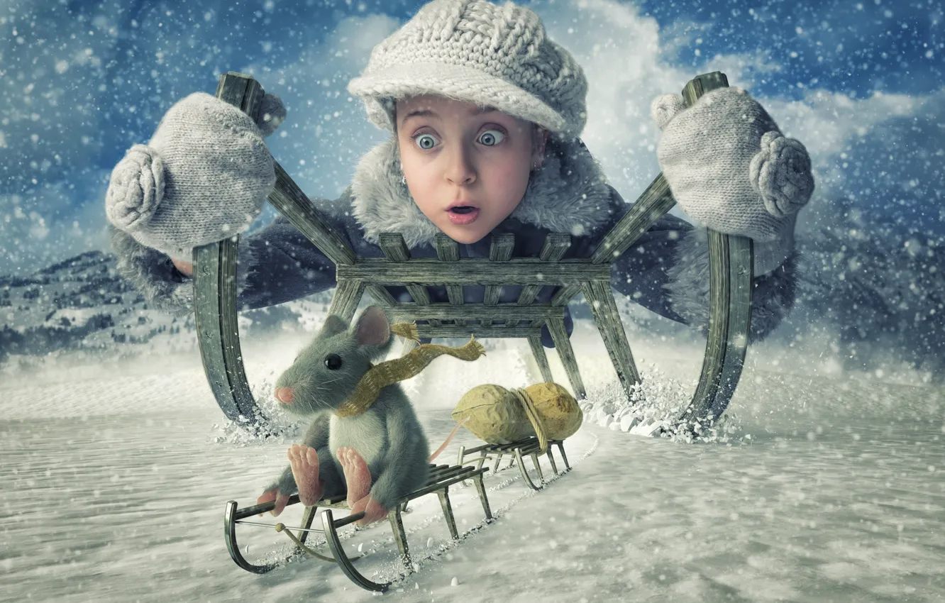 Фото обои зима, снег, мышь, девочка, санки, арахис