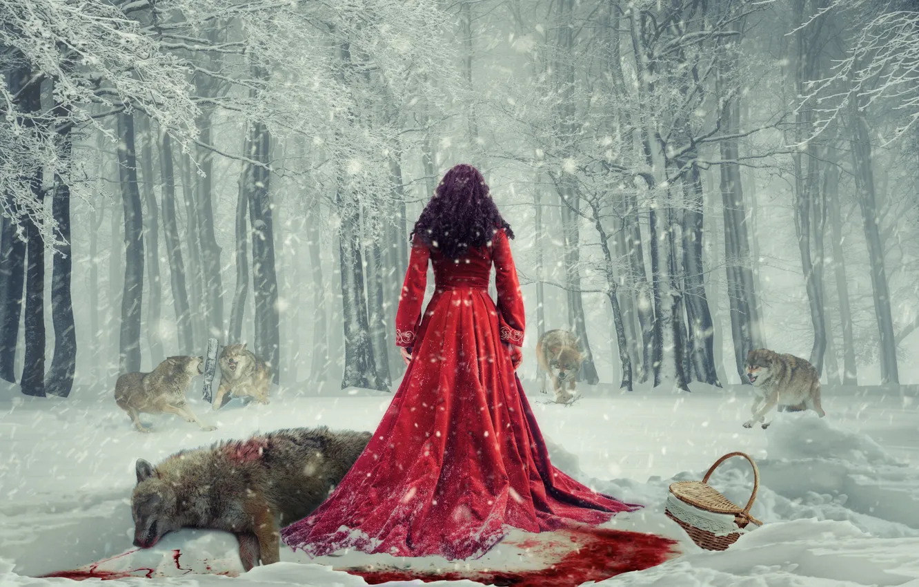 Фото обои зима, лес, снег, корзина, кровь, волк, Девушка, стая