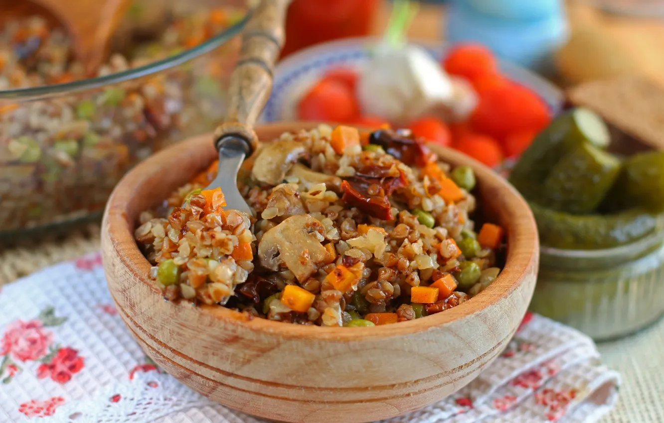 Фото обои грибы, овощи, огурцы, гречневая каша