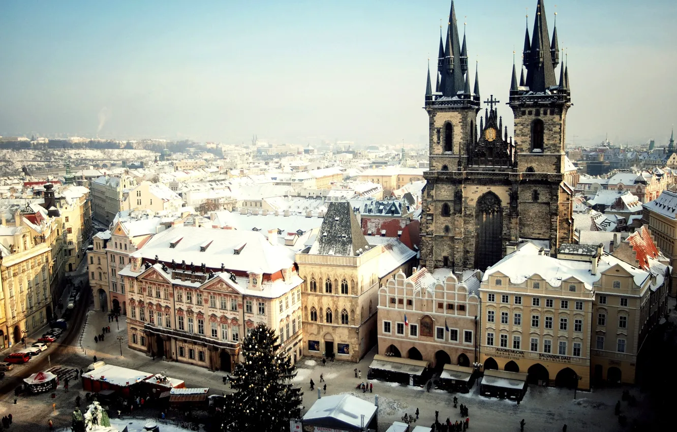 Фото обои зима, снег, город, люди, елка, Прага, Чехия, Prague