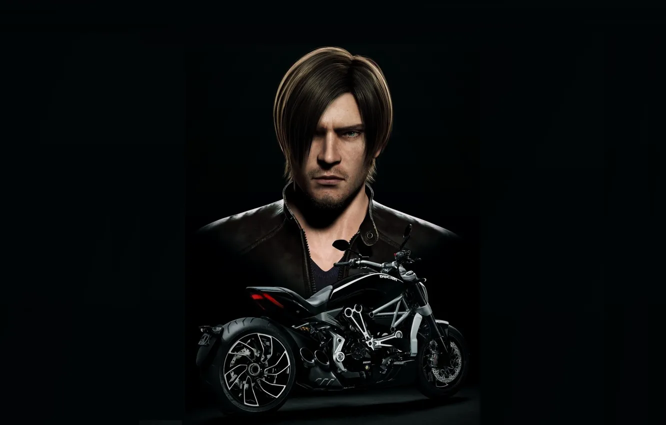 Фото обои взгляд, фильм, куртка, мотоцикл, причёска, персонаж, leon kennedy, CGI
