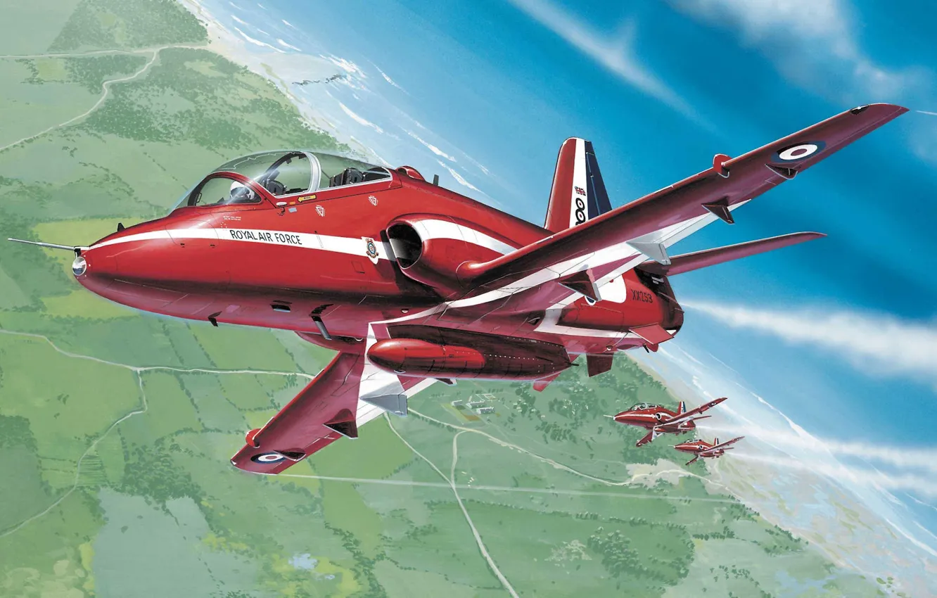 Фото обои Red Arrows, Красные Стрелы, пилотажная группа Королевских ВВС Великобритании, royal air force, airshow, BAE Hawk