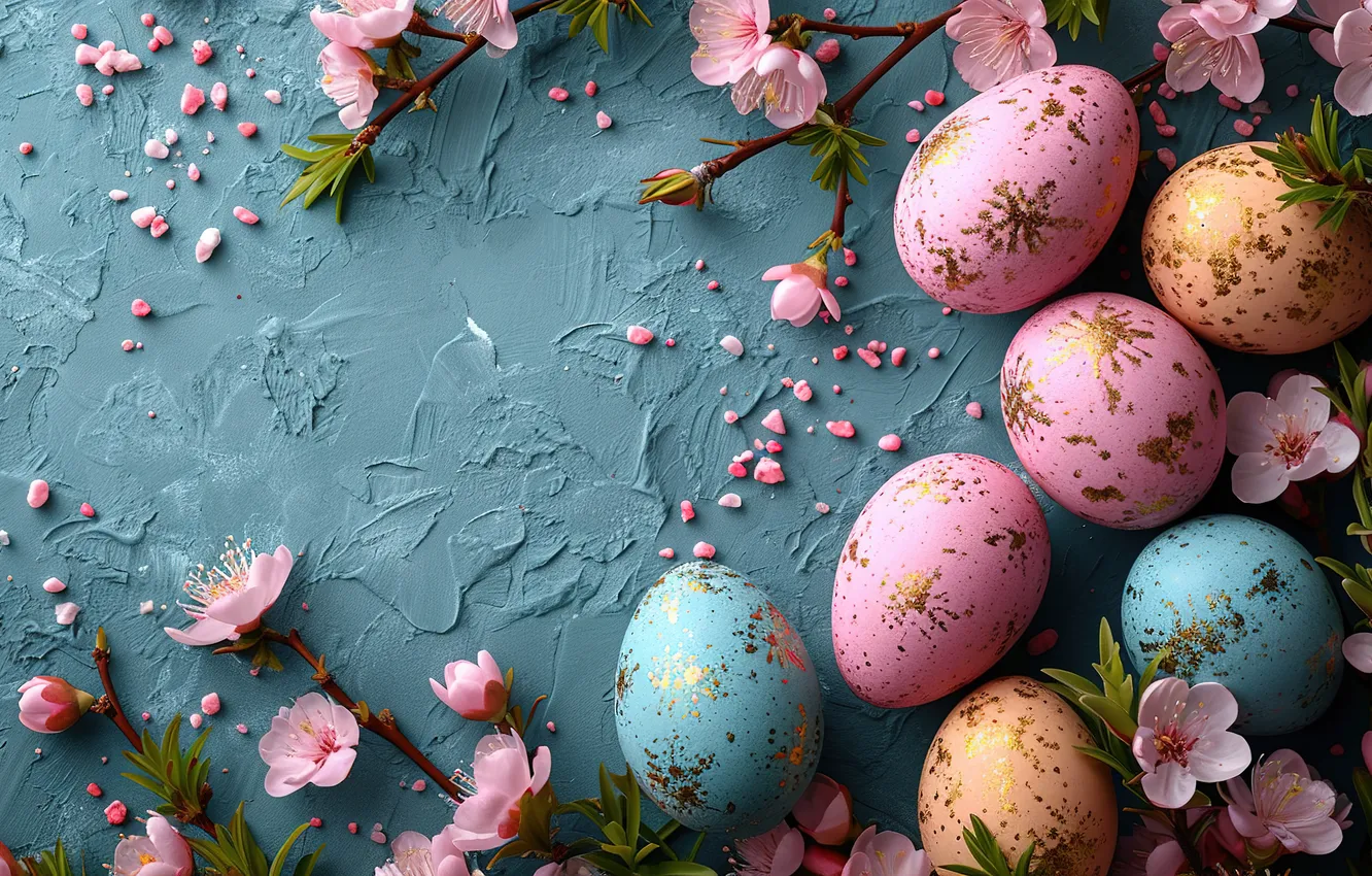 Фото обои цветы, яйца, весна, colorful, Пасха, happy, pink, blossom