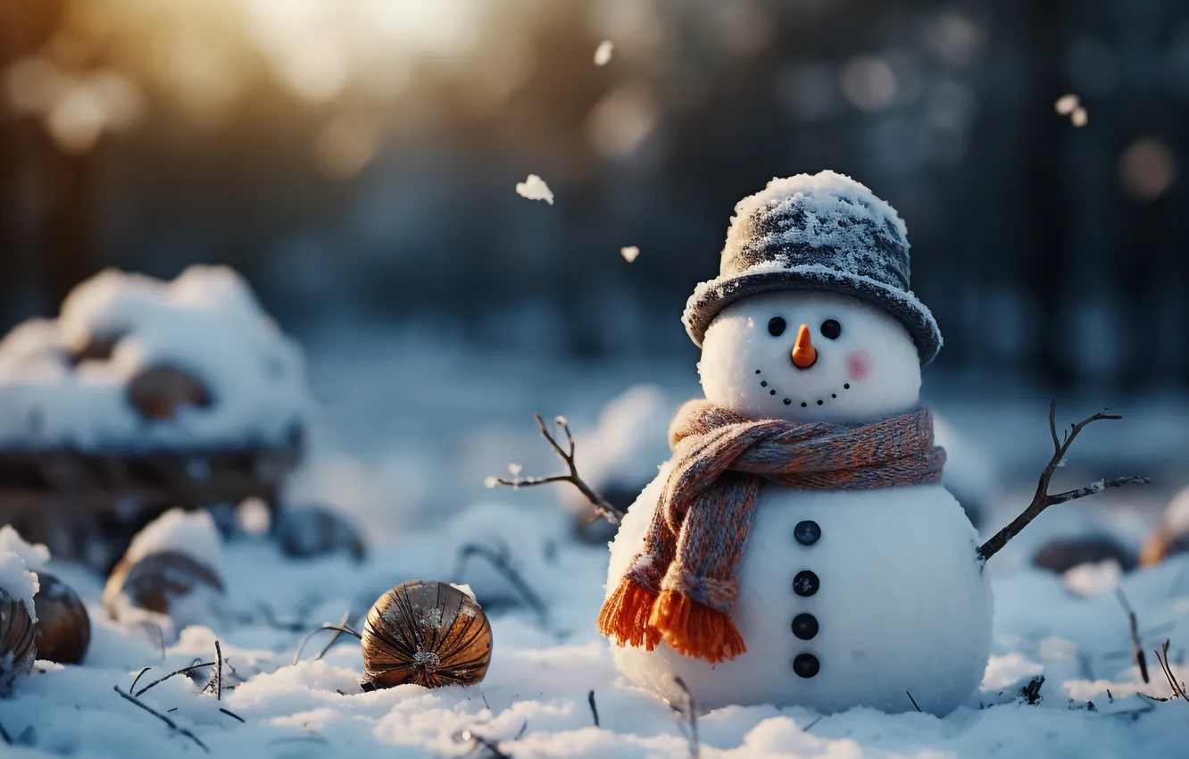Фото обои зима, снег, Рождество, Новый год, снеговик, Christmas, winter, snow