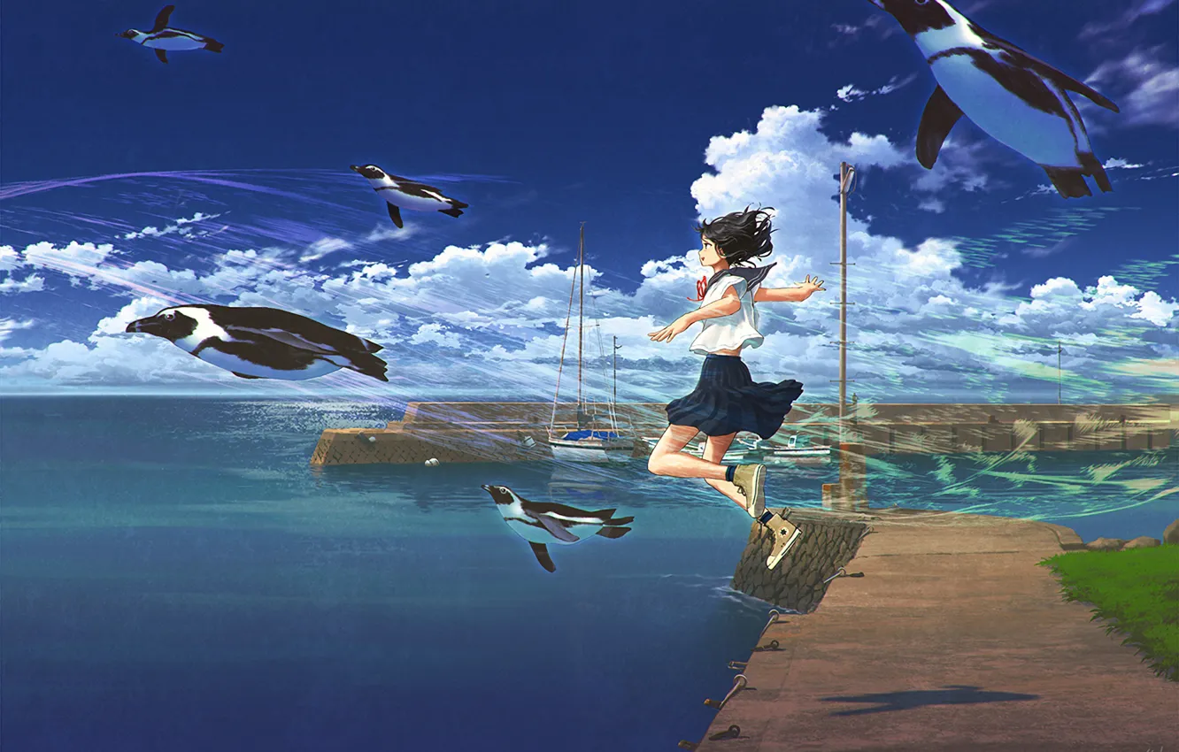Фото обои море, небо, девушка, пингвины