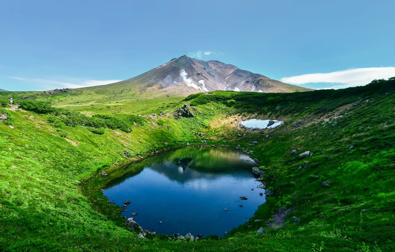 Фото обои небо, горы, Япония, Hokkaido, озерцо, Asahi