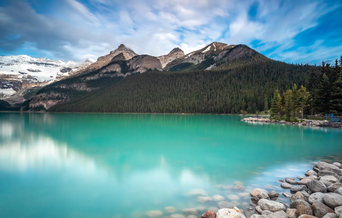 Фото обои лес, деревья, горы, озеро, камни, Канада, Банф
