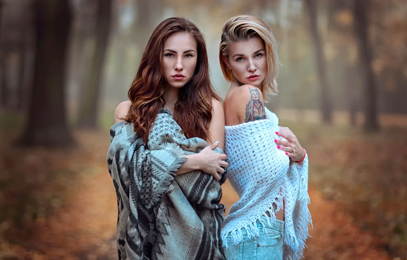 Фото обои осень, две девушки, Sisters, Katy Sendza