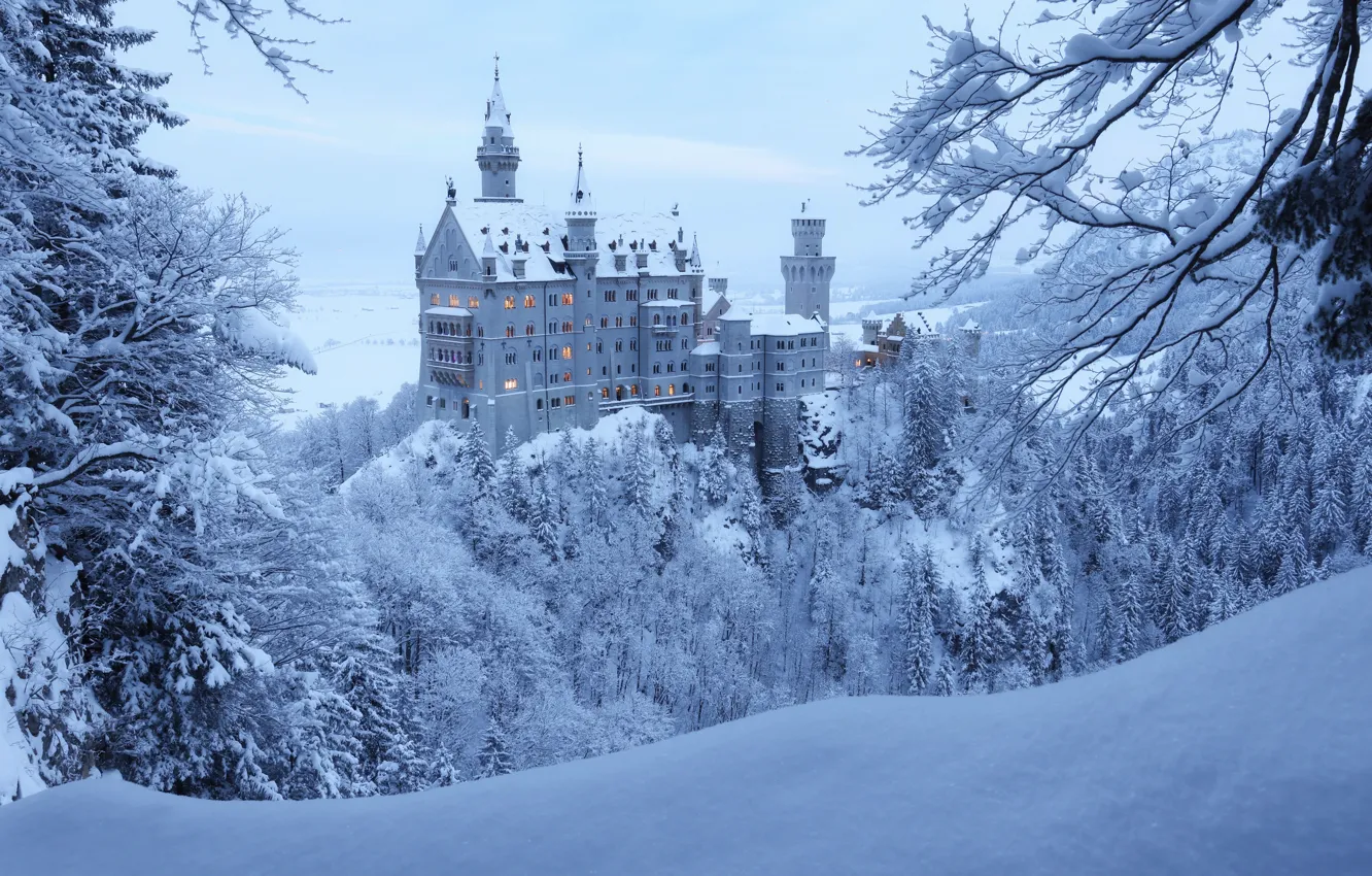 Фото обои зима, лес, снег, деревья, замок, Германия, Бавария, Germany