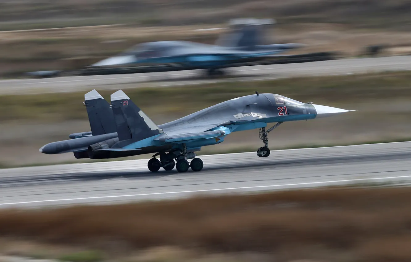 Фото обои фон, скорость, истребитель, бомбардировщик, аэродром, взлет, Су-34